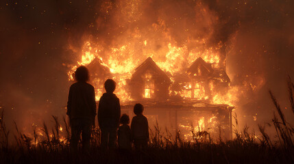 Fototapeta premium una familia desesperada viendo como pierden su casa por un incendio tristeza y devastacion un casa con llamas y humo devastada 