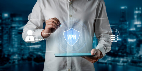 Fototapeta premium VPN security protects network access. VPN security encrypts data, hides identity, VPN security defends traffic, and VPN security secures connection from threats. Vouch