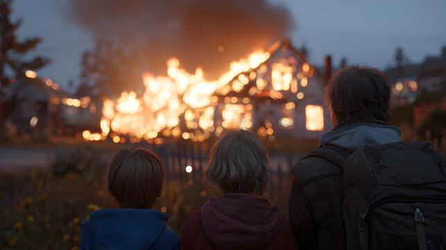 una familia triste y devastada observando como pierden su casa a causa de un incendio desastre y desesperacion de la perdida del hogar