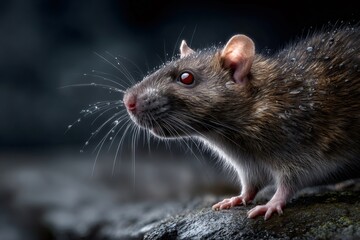 Brown rat with wet fur and whiskers standing on rock