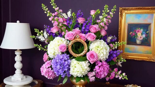 Floral arrangement with butterflies and lamp