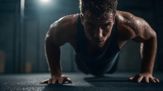 un hombre musculoso atletico deportista haciendo lagartijas o burpees en el gimnasio ejercitando su cuerpo para estar saludable rendimiento y resistencia 