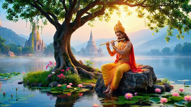 Person playing flute by lake with temples