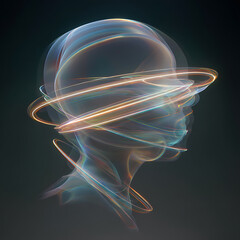 A frosted glass head that diffuses neon light from orbiting rings, empty space