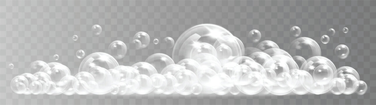 Soft white foam and floating soap bubbles. Realistic vector illustration