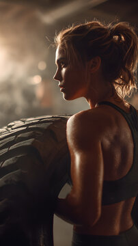 una mujer deportista cargando o levantando una llanta pesada para hacer ejercicio fisico y musculo deporte pesado y entrenamiento funcional esfuerzo y estilo de vida saludable