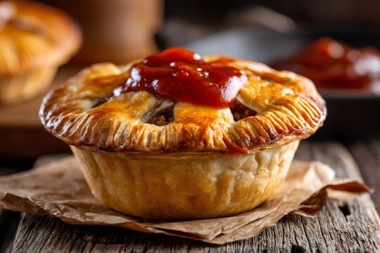 Savory meat pie topping with ketchup on rustic wood