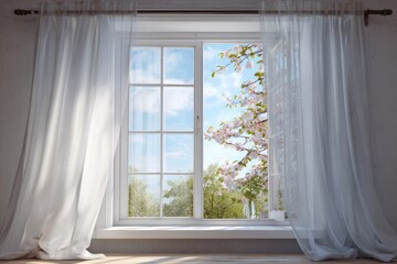 Fototapeta premium Flowers bloom outside a window with white curtains in a bright room during daytime