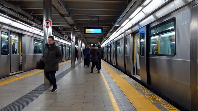 Subway station with passengers and trains