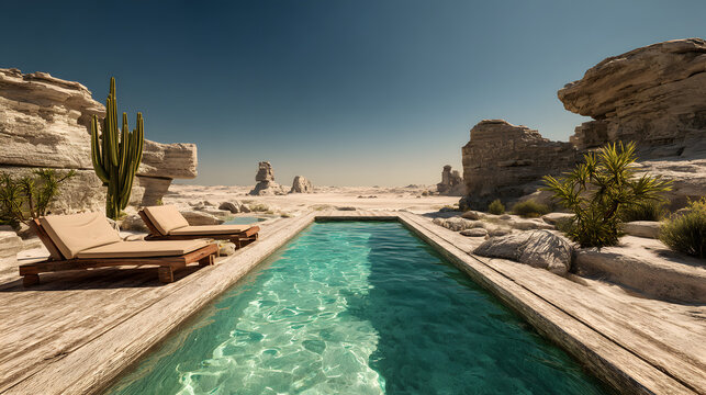 un paisaje arido en el desierto al aire libre con decoracion seca arena y plantas como cactus y plantas aridas con una alberca con el agua cristalina para vacaciones y descanso