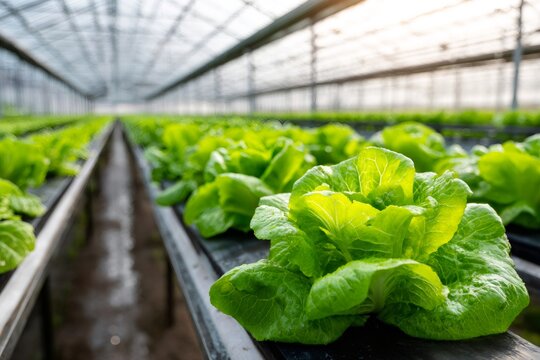 Growing fresh green lettuce in modern hydroponic greenhouse