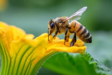 Bee collecting pollen from yellow squash blossom
