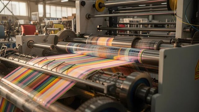 Close-up showcases an industrial weaving machine creating vibrant textile. It highlights the intricate mechanism, bright colors, factory setting, and efficient production process. Ideal for textile de