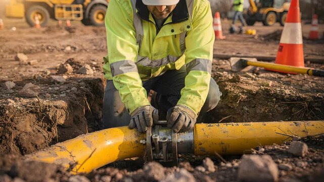 A construction worker is kneeling to connect a yellow pipe in a trench.  This represents utility installation, underground work, safety compliance, infrastructure projects, skilled trades, repair, and
