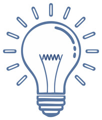 Fototapeta premium Simple blue line drawing of a glowing incandescent light bulb radiating energy and ideas