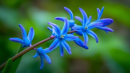 Striking blue scilla flowers with delicate petals and subtle purple tips on a slender stem beautifully highlighted against a soft out of focus green garden background, embodying spring's fresh beauty.