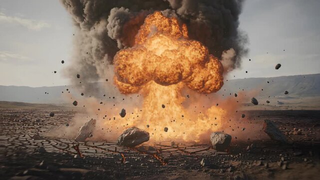 This powerful image captures a massive explosion in a desolate, cracked landscape. A dynamic display of fire, smoke, and debris creates a scene suitable for illustrating conflict, disaster, or raw pow
