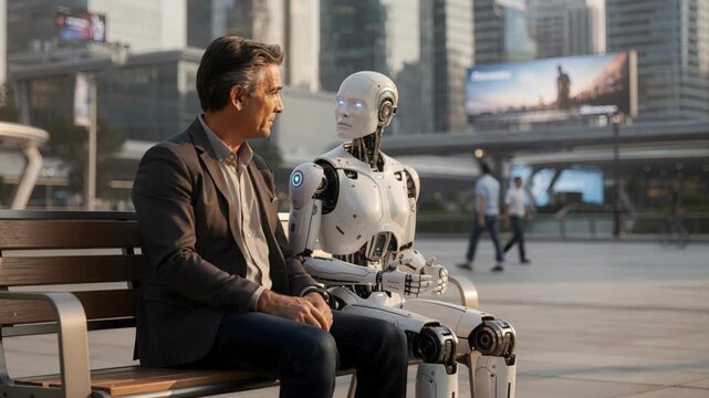In a vibrant urban setting, a man and a humanoid robot share a bench, gazing at the skyline, symbolizing partnership, progress, and technological integration for commercial use in AI and future concep