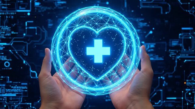 Hands holding glowing heart with medical cross