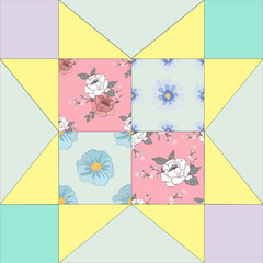 Floral Quilt Block Design: An artistic representation of a meticulously designed quilt block, adorned with delicate floral patterns and vibrant colors, exuding the charm of handmade artistry.