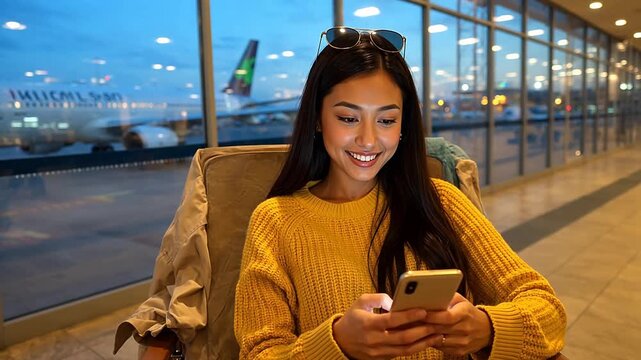 Woman using phone at airport terminal