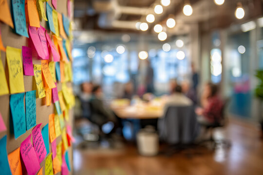 Colorful sticky notes with handwritten ideas on a board during a brainstorming session in a modern office with a team collaborating around a table in the background