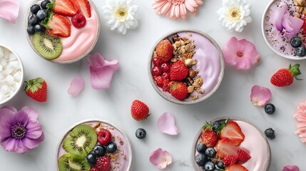 A beautifully arranged selection of yogurt parfaits with fresh fruits and flowers on a white marble surface
