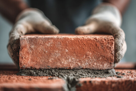 Hands in protective gloves laying a single red brick with fresh mortar during masonry work on a construction site showing detailed craftsmanship and texture