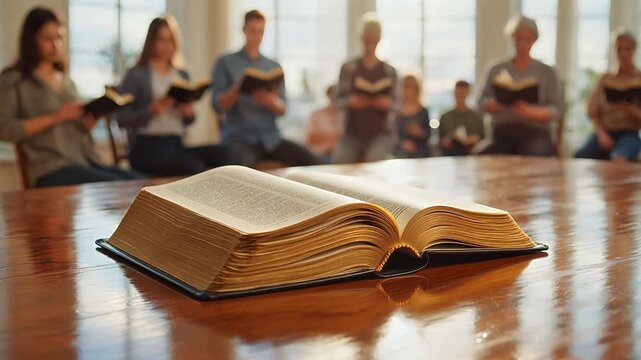 Open book on table with people reading in background