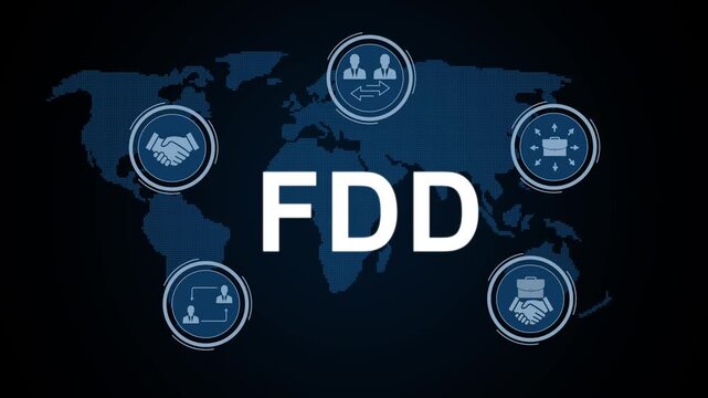 Feature-Driven development (FDD) technology concept with digital interface, workflow automation, icons and modern software engineering.