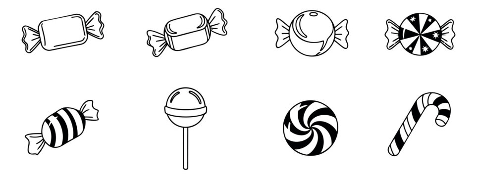 Hand drawn line art candy set featuring wrapped sweets, lollipops, and candy canes for dessert menus