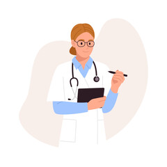 Fototapeta premium Vector illustration of a young female doctor wearing glasses. Cartoon scene of a woman in a white coat, blue shirt, stethoscope, holding a pen, a recording tablet isolated on a white background.