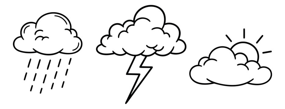 Hand drawn line art weather icons set featuring a rain cloud, a thunder cloud, and a sunny cloud for weather forecasts