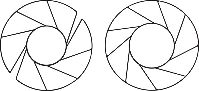 Vector graphic of two distinct camera lens apertures, illustrating adjustable mechanical iris diaphragms for precise light control in photography and optics