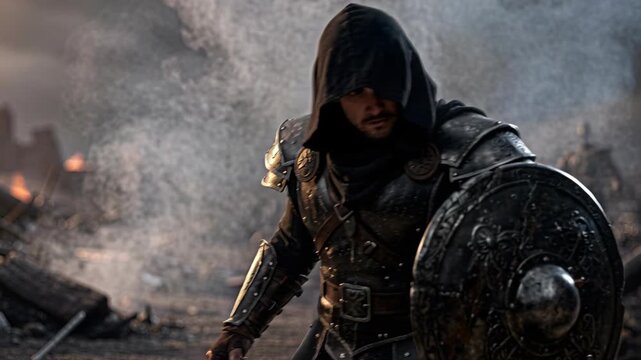 Amidst smoke, a hooded warrior stands ready. Clad in armor, shield in hand, a figure of strength. Lighting highlights the scene, perfect for fantasy, gaming, historical or dramatic contexts. Use for c