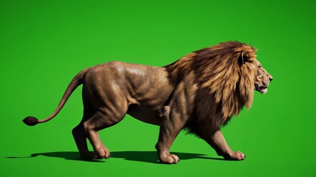 Stunning CGI Lion walking in profile. High-quality 3D animation of a powerful male lion on green screen for easy keying and compositing.