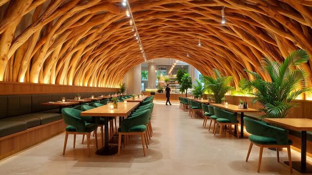 Restaurant interior with wooden ceiling design