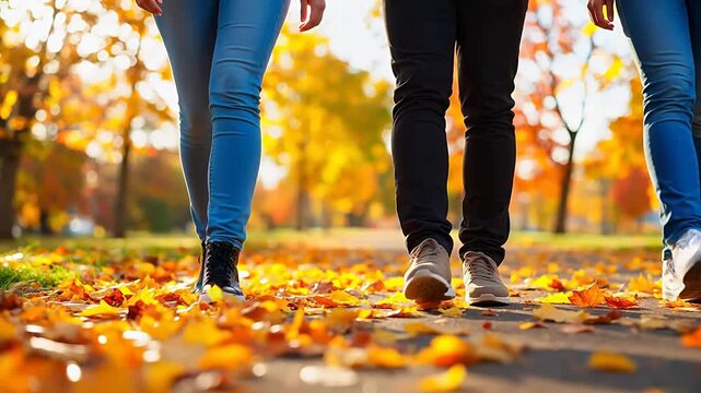 Three people walking on autumn leaves