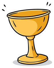 Golden goblet sparkling with light. Award trophy cup with stem and base in cartoon style.