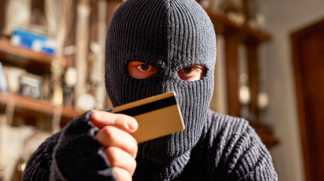 Man wearing black ski mask holding a credit card inside a dimly lit room symbolizing identity theft and financial crime awareness concept