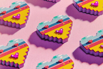 Fototapeta premium 8-bit style pixelated hearts on a pink background.