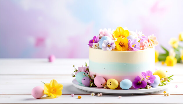 Osterkuchen mit pastellfarbenen Eiern und Blumen auf hellblauem Hintergrund
