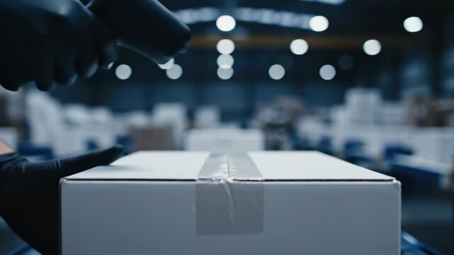 Focused worker scans package on conveyor belt with cinematic lighting