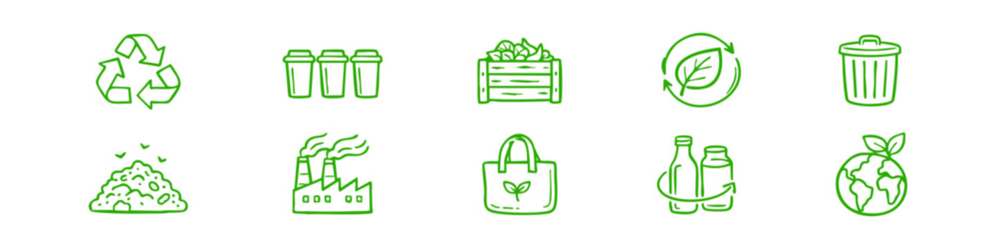 Hand-drawn ecology and recycling icons set. Black, green, light blue, blue and white doodles including recycle symbol, earth, reusable bag, factory, and compost icons.