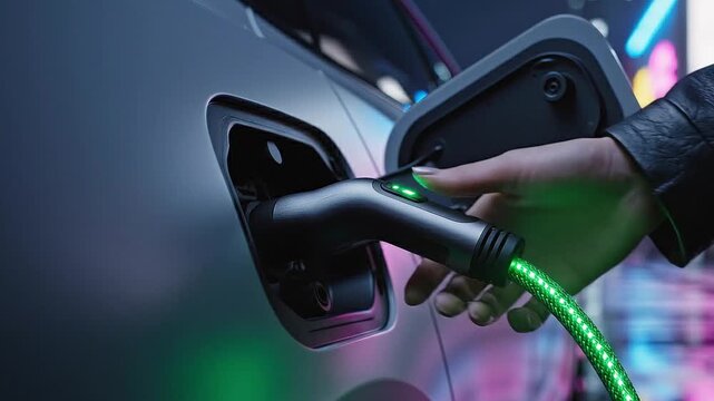 Close-up view of a person's hand inserting an electric vehicle charging connector into a modern automobile's port for sustainable energy replenishment.