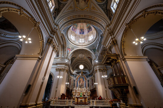 Interior nave and dome of Collegiate Church of the Immaculate Conception - Bormla, Malta