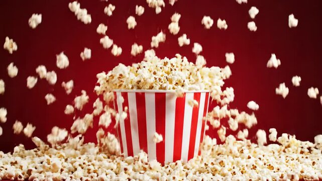 delicious salted buttered popcorn overflowing red white striped bucket entertainment cinema snack food indulgence pleasure happiness.
