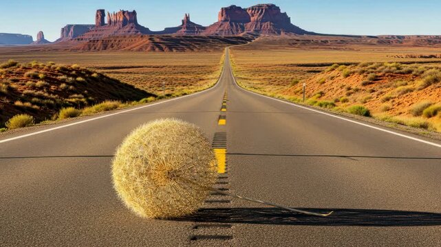 Tumbleweed on a deserted road with rocky formations in the background