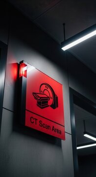 Illuminated CT Scan Area Sign Displaying Medical Technology in Dimly Lit Environment