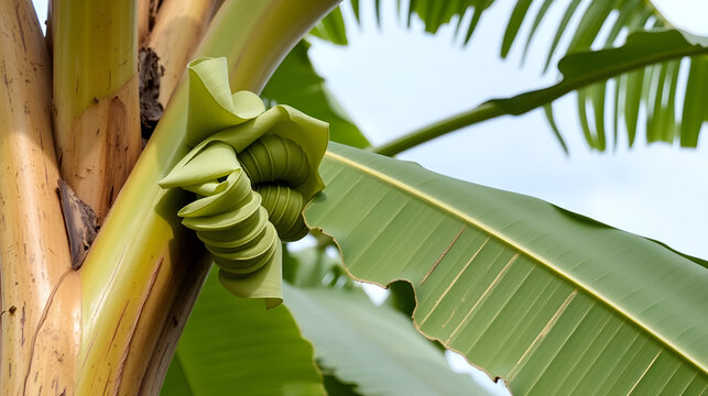 Rolled banana leaves on a tree, where Erionota thrax (banana skipper, palm redeye, ulat tuyung) caterpillars live and pupate.